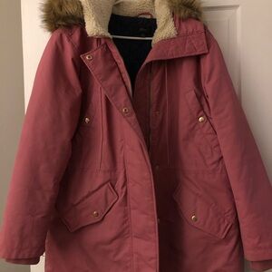 J. Crew Pink Winter Coat with Quilt lining & Fur Hood